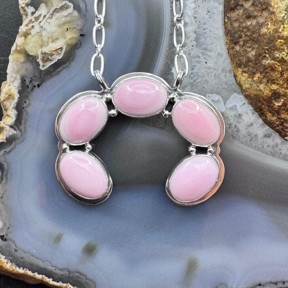 Native American Sterling Silver 5 Oval Pink Conch Naja Pendant W/Chain For Women - Picture 4 of 10